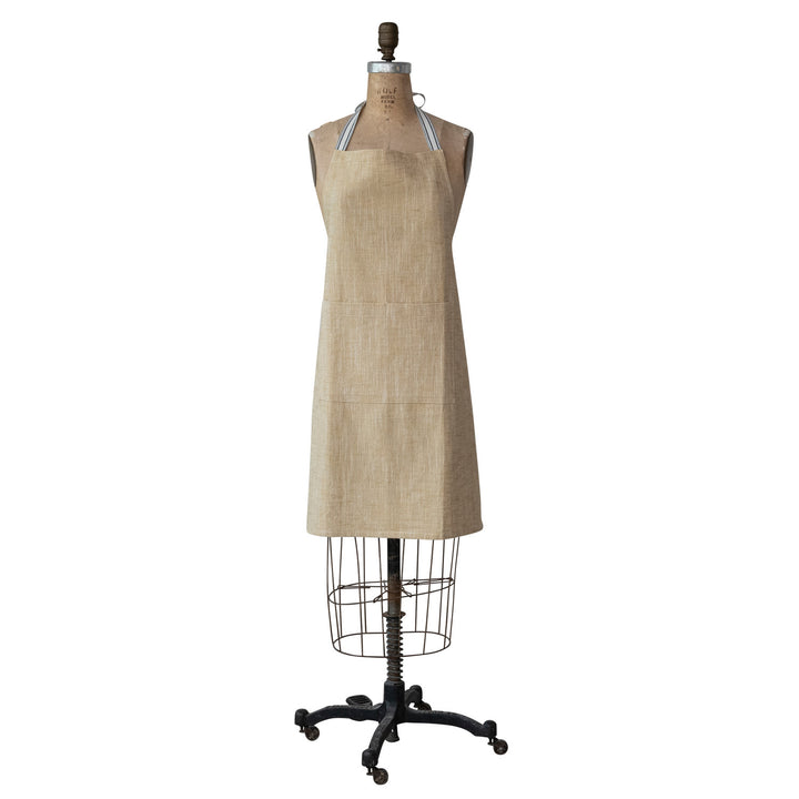 Woven Cotton Apron with Striped Straps – Kitchen Apron + Pockets