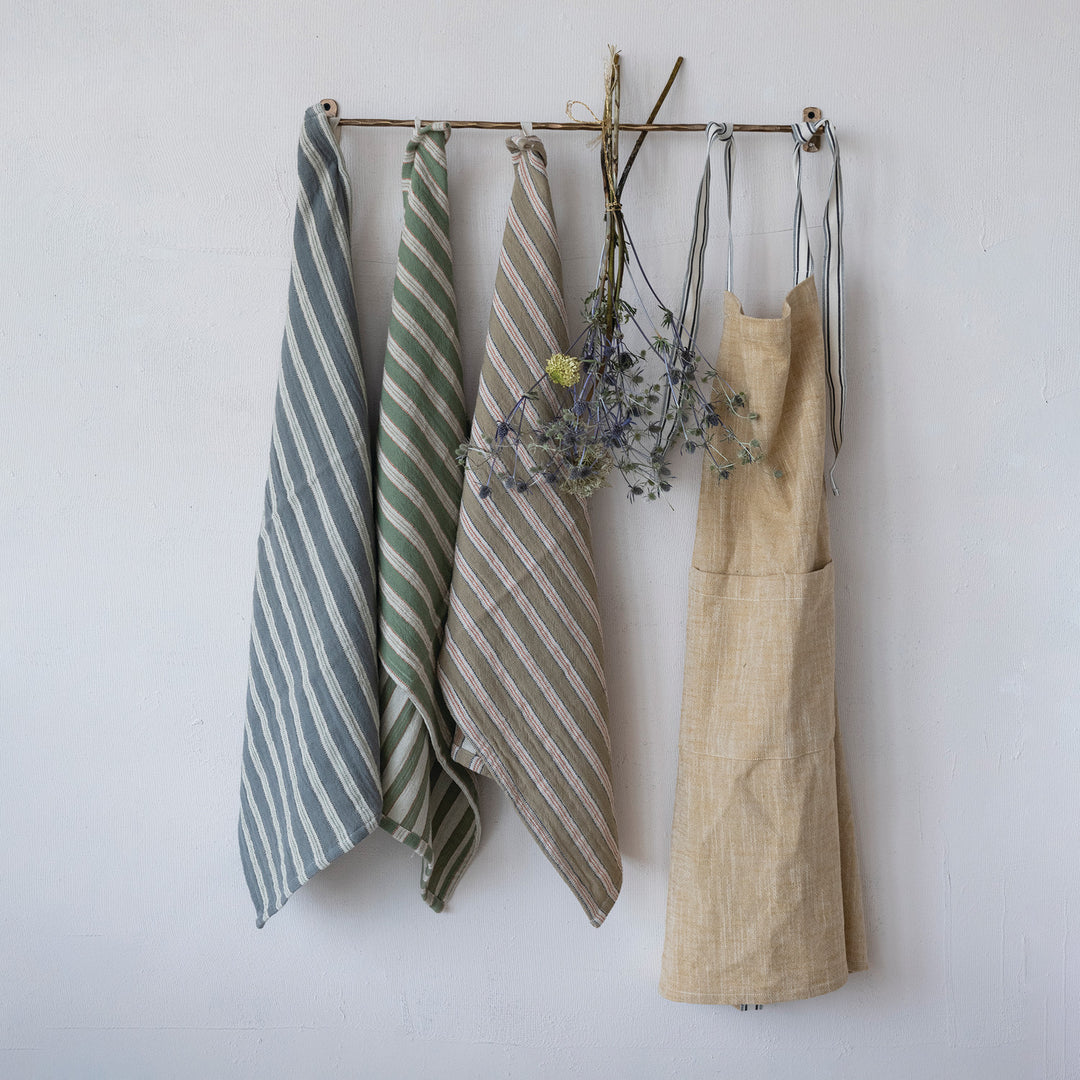 Woven Cotton Apron with Striped Straps – Kitchen Apron + Pockets