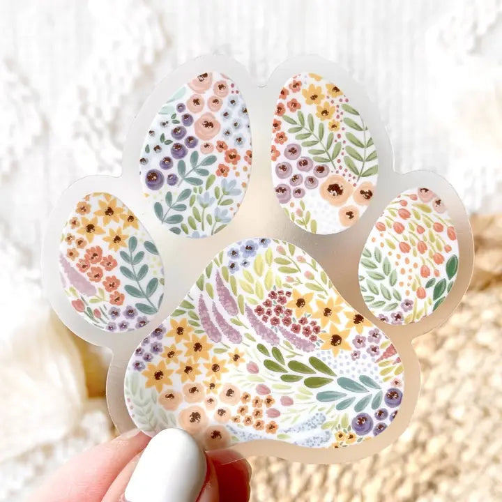Clear Floral Paw Print Sticker, 2.75"