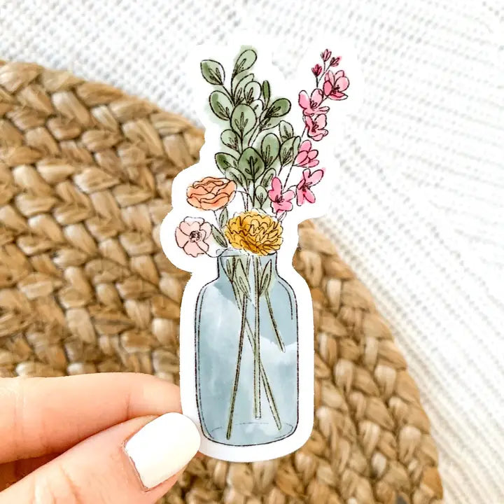 Watercolor Vase with Flower Bouquet Sticker, 3.5x1.75