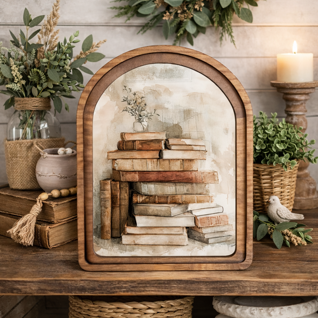 Decorative mirror with books reflection on a wooden surface with plants and candles.