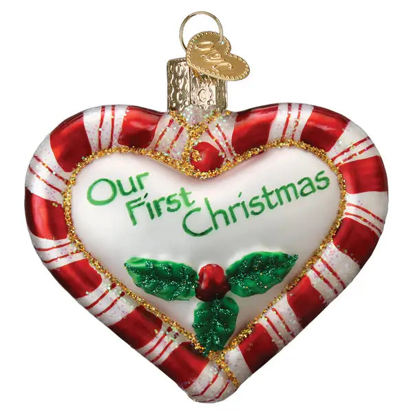 Our First Christmas Peppermint Heart Glass Ornament