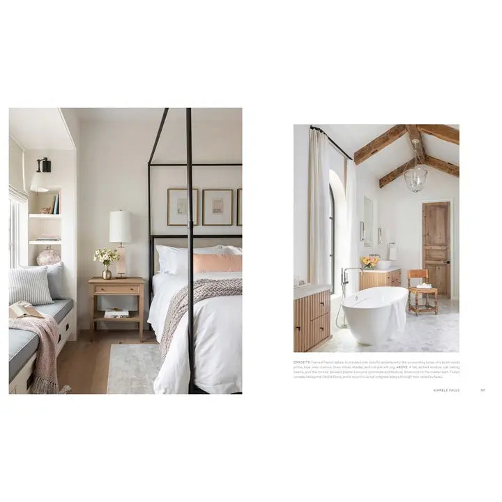 A two-page interior design spread showing a bedroom on the left and a bathroom on the right, styled in a bright, modern, neutral-toned aesthetic with wood accents and white furnishings.