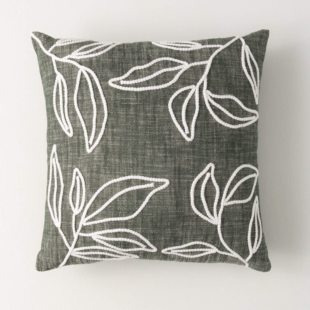Heather Green with White Embroidered Leaves Throw Pillow, 18x18