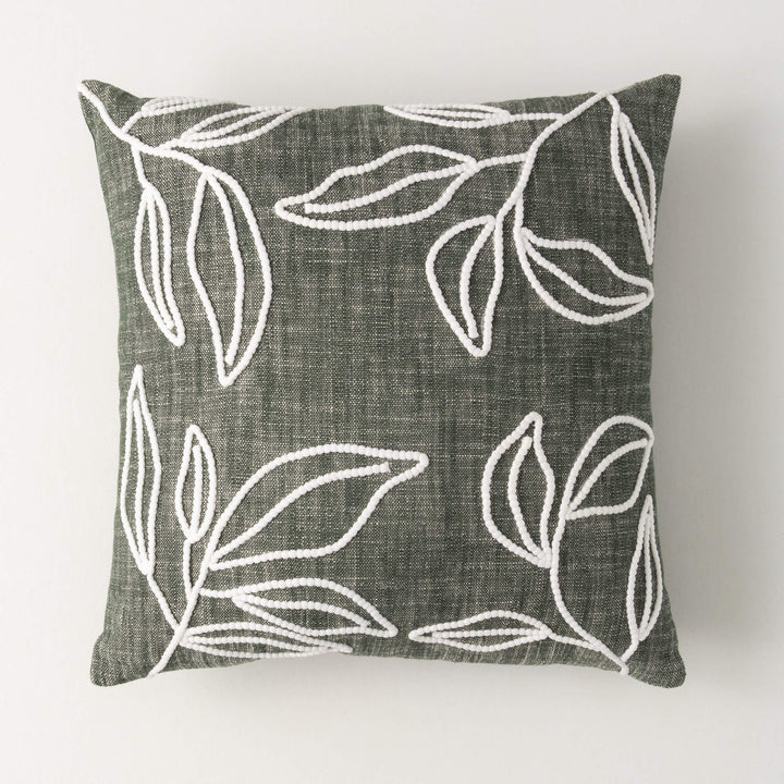 Heather Green with White Embroidered Leaves Throw Pillow, 18x18