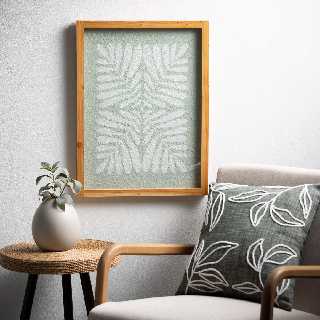 Heather Green with White Embroidered Leaves Throw Pillow, 18x18