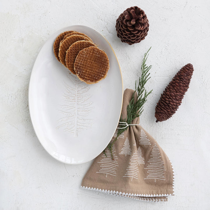 Debossed Stoneware Tree Design, White Oval 12.25" x 8.25"