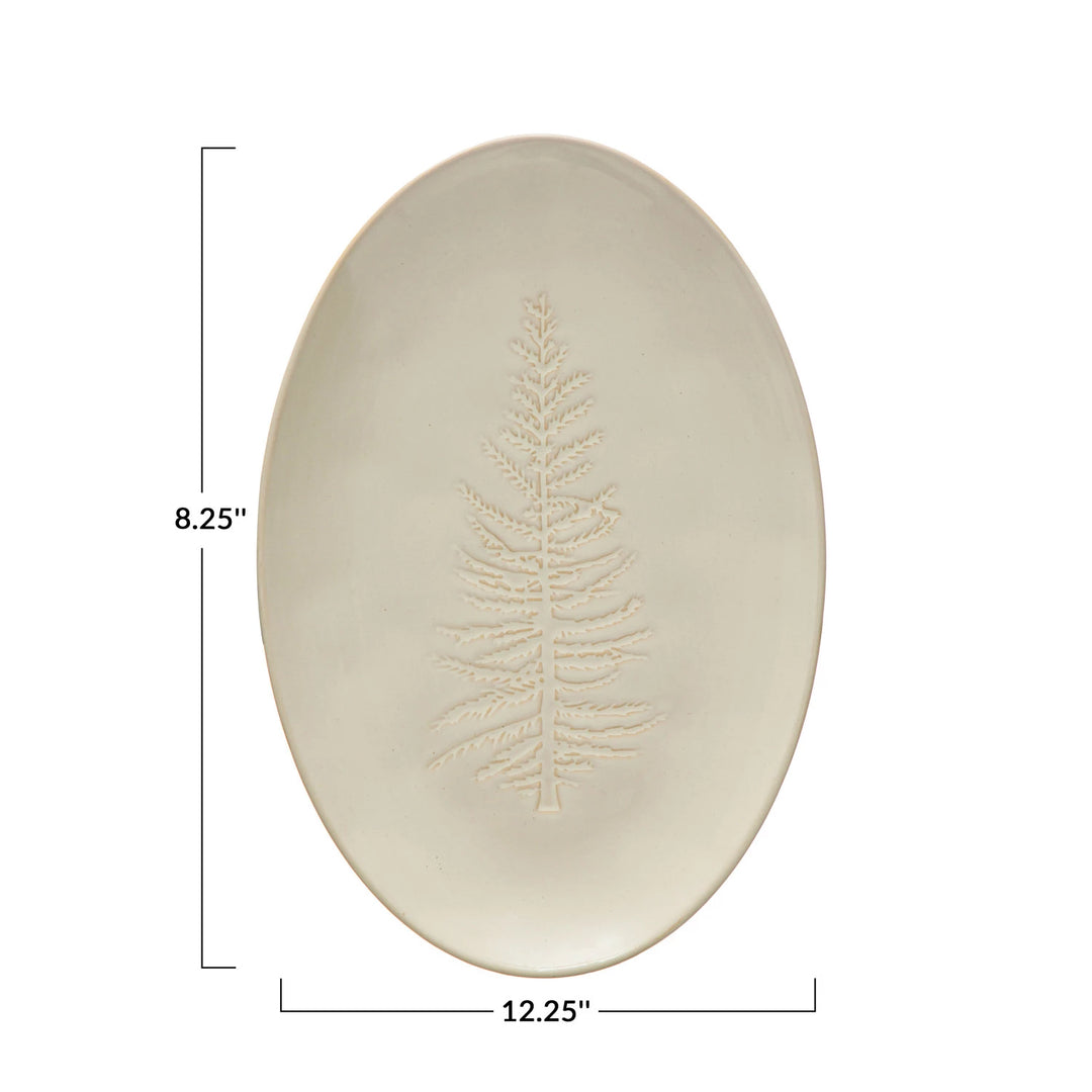Debossed Stoneware Tree Design, White Oval 12.25" x 8.25"