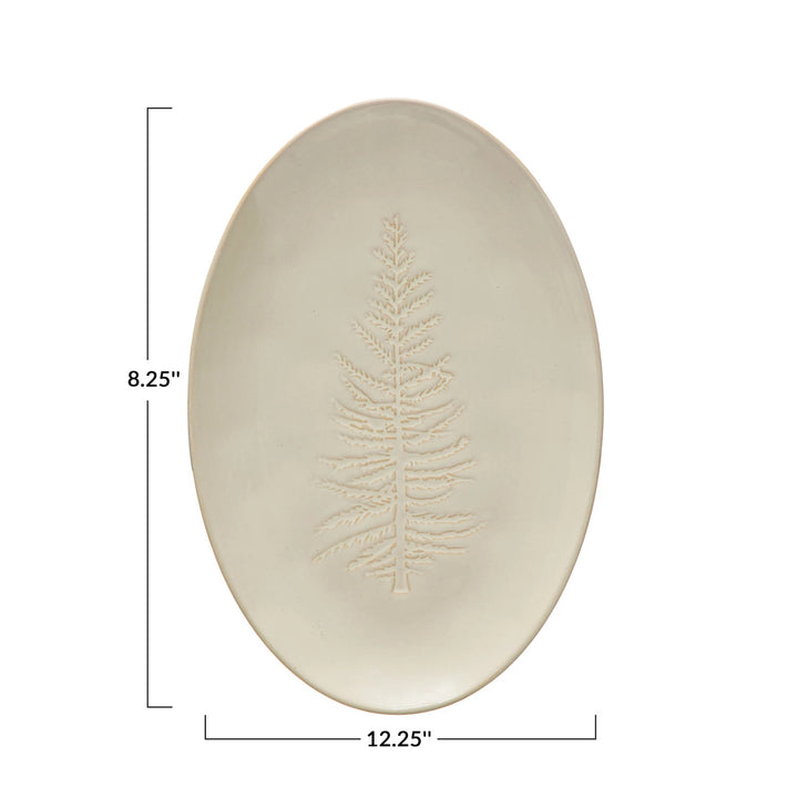 Debossed Stoneware Tree Design, White Oval 12.25" x 8.25"