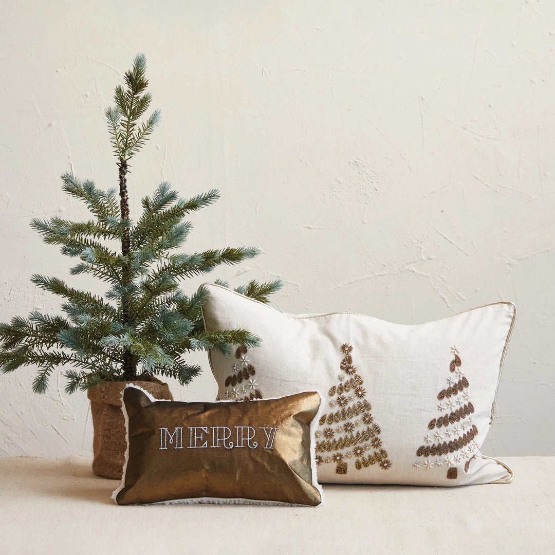 Beaded Trees + Gold Piping Lumbar Throw Pillow, 24" x 16"