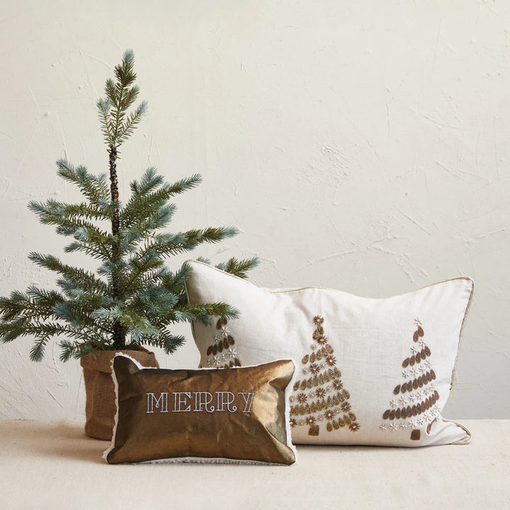 Beaded Trees + Gold Piping Lumbar Throw Pillow, 24" x 16"