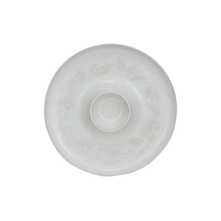 Debossed Stoneware Chip + Dip Pine Boughs Design, White Oval 13.5"