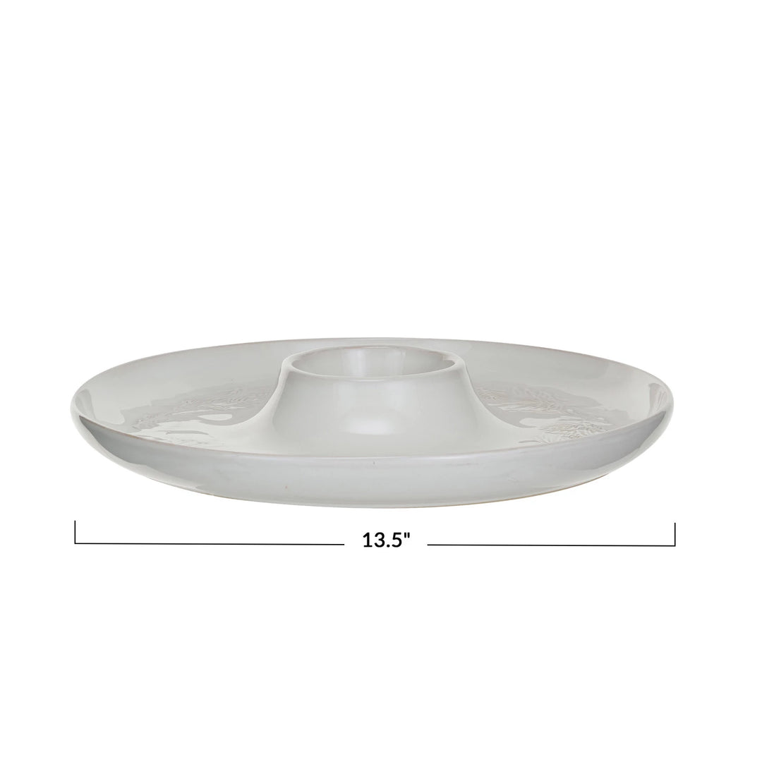 Debossed Stoneware Chip + Dip Pine Boughs Design, White Oval 13.5"