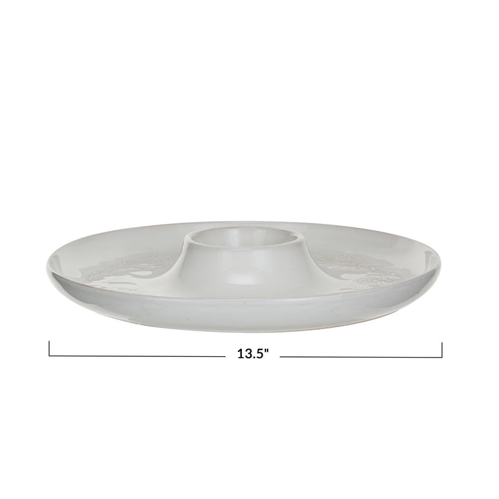 Debossed Stoneware Chip + Dip Pine Boughs Design, White Oval 13.5"