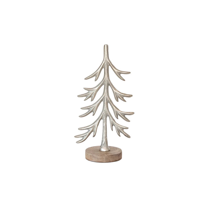 Cast Aluminum Tree with Mango Wood Base, Silver