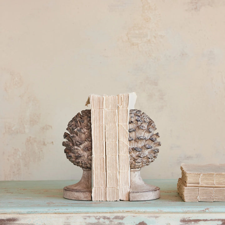 Pinecone Shaped Resin Finial Bookends 2pc , Brown + Gray