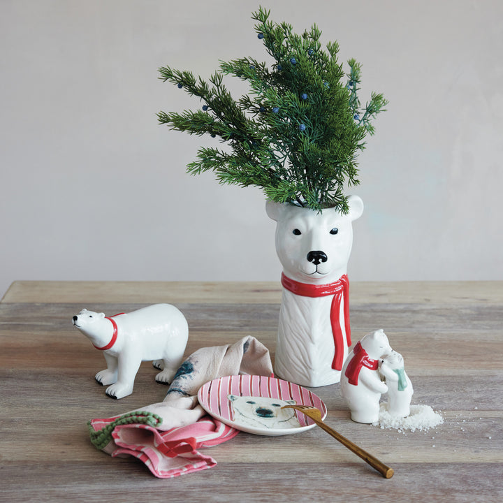 Stoneware Polar Bear Vase with Red Scarf