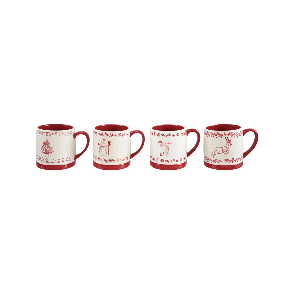 Four red and white mugs with festive designs on a white background