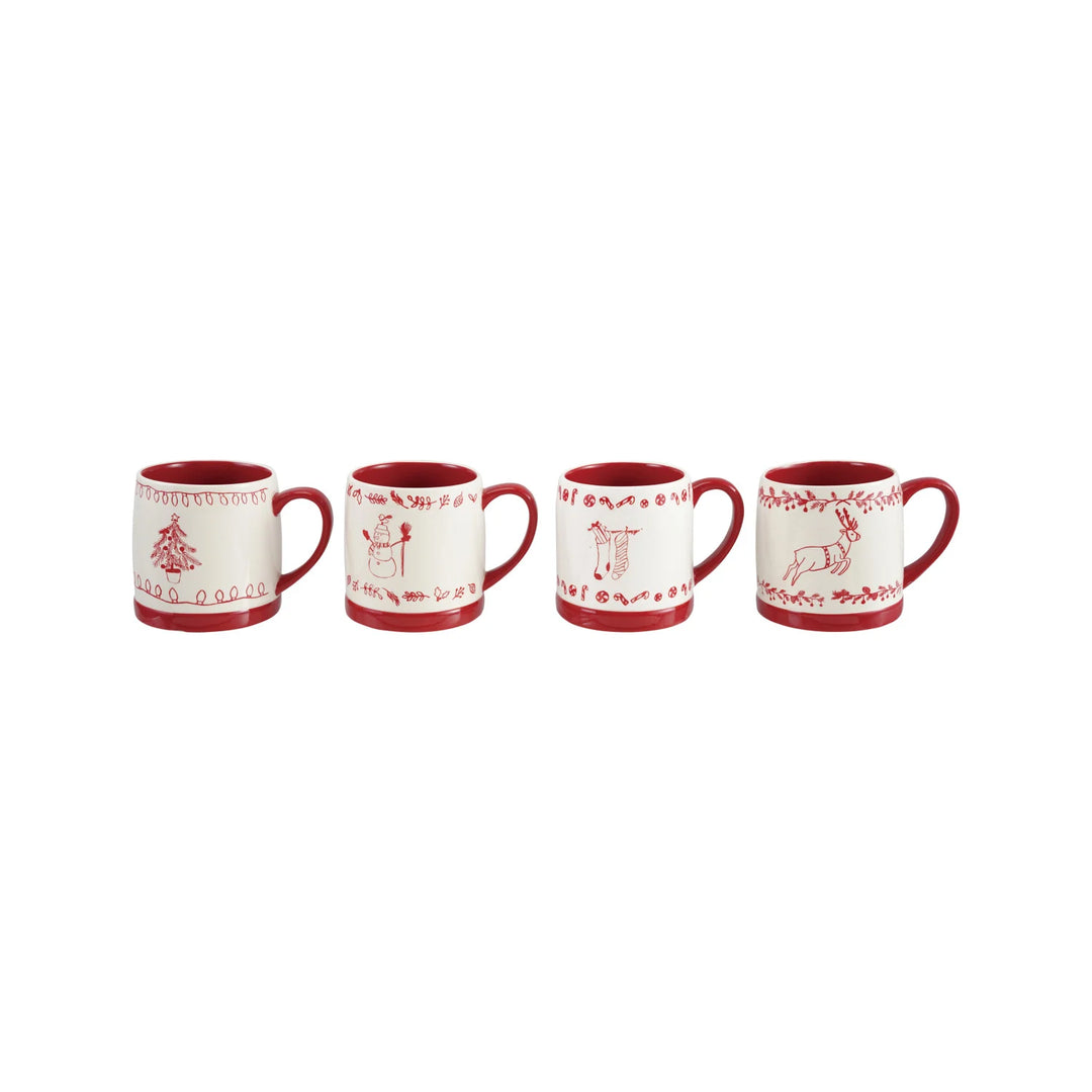 Four red and white mugs with festive designs on a white background