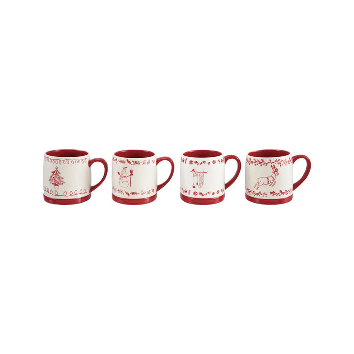 Four red and white mugs with festive designs on a white background