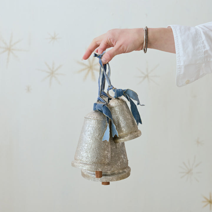 Antique Silver Bell with Blue Velvet Ribbon