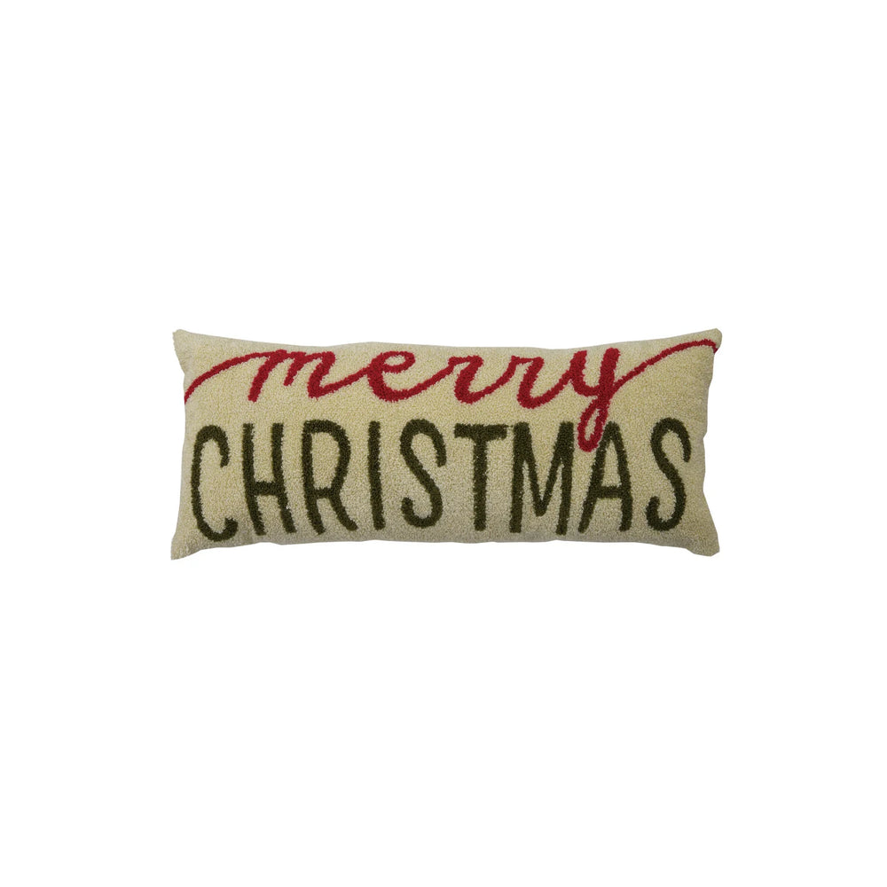 A rectangular burlap-style Christmas throw pillow with 'merry CHRISTMAS' embroidered on a plain white background.