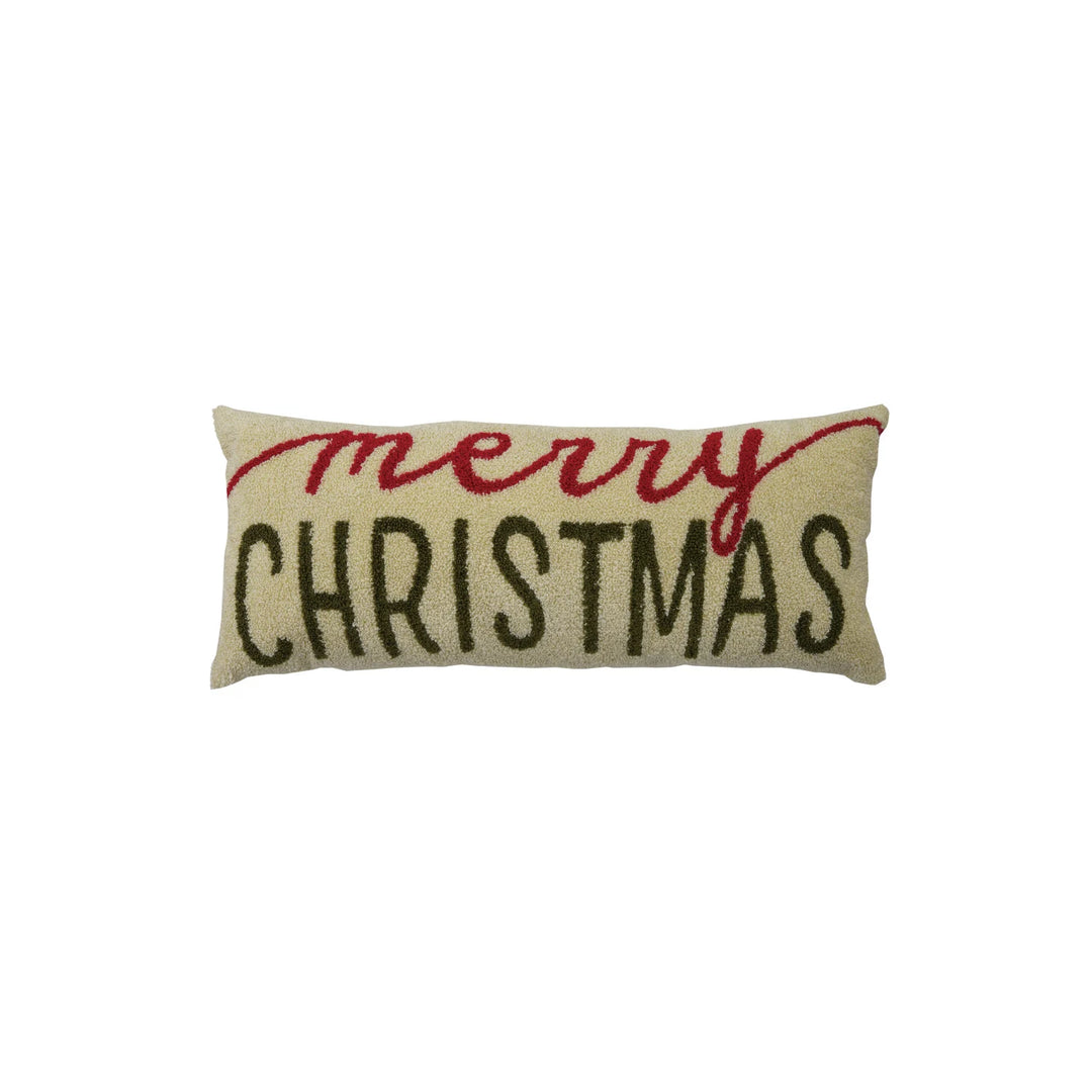 A rectangular burlap-style Christmas throw pillow with &