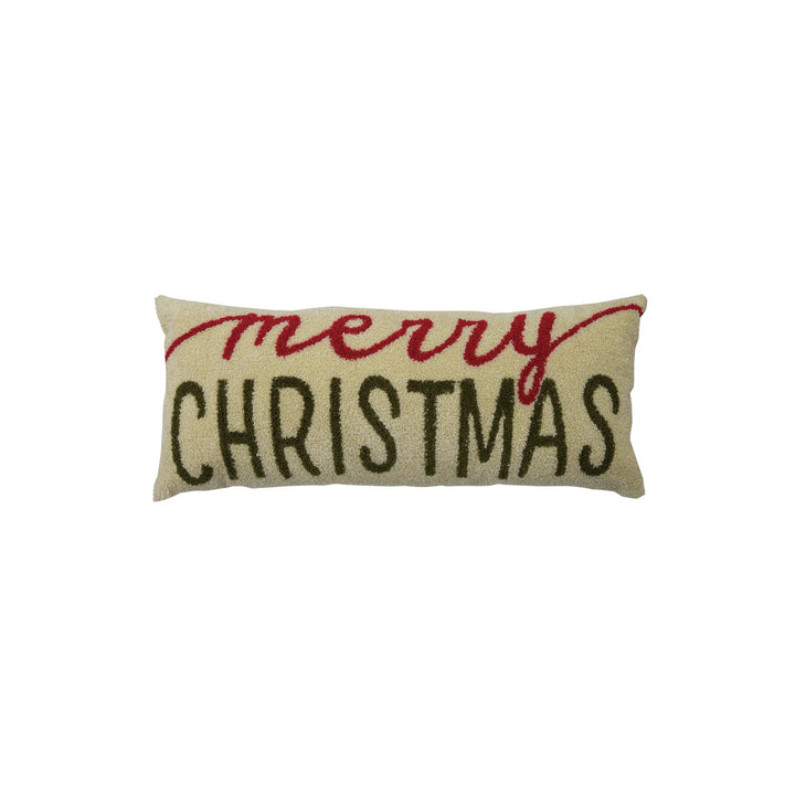 A rectangular burlap-style Christmas throw pillow with &