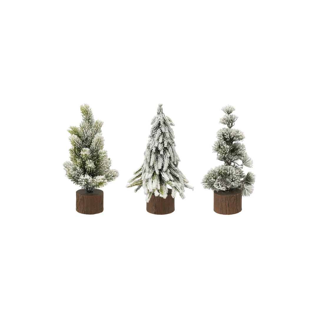 Three small potted artificial Christmas trees with snow effects on a white background
