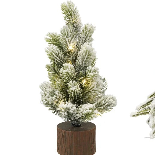 Lighted Snow-Tipped Mini Tree with Faux Wood Base