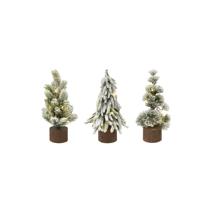 Three small pre-lit Christmas trees with brown pots on a white background