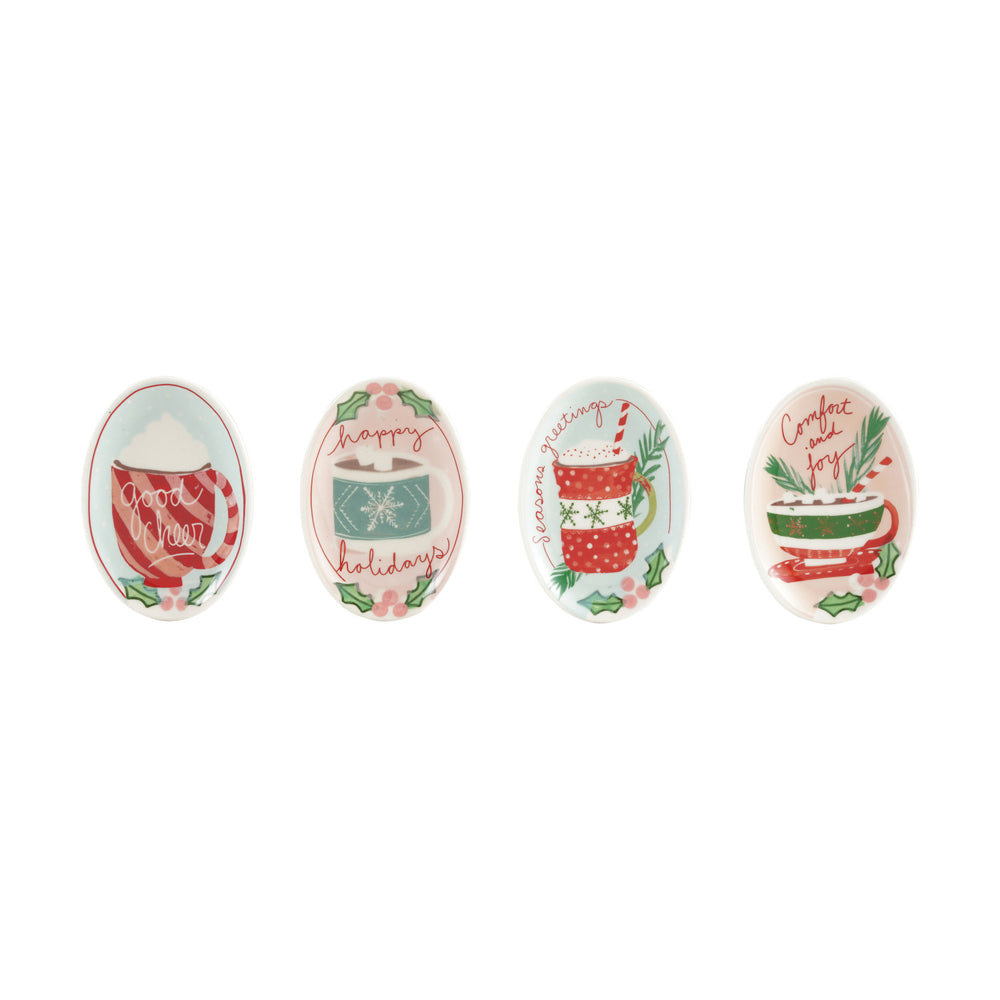 Set of four decorative spoons with holiday-themed designs on a white background